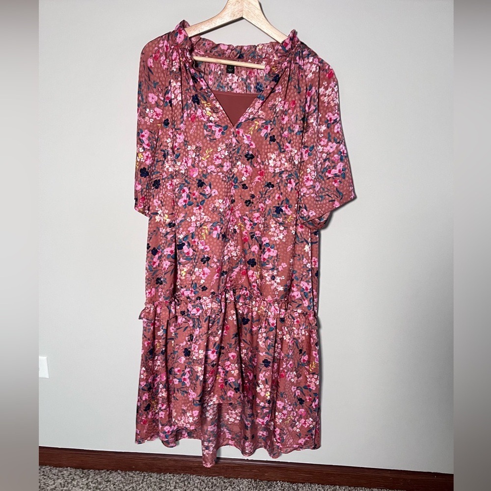 Ann Taylor Pink and Black Floral Midi Dress with Removable Slip – Size Large